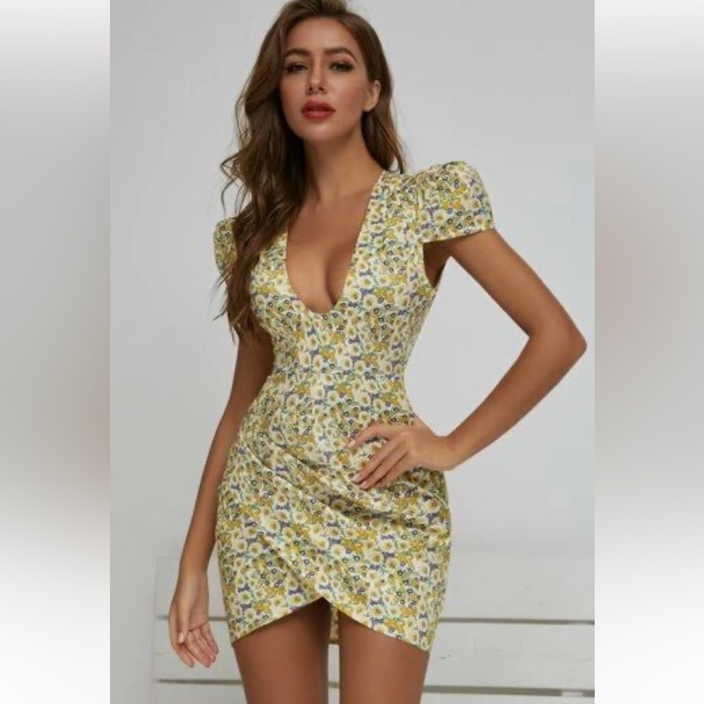 Plunging Neck Wrap Fold Pleat Ditsy yellow Floral Dress